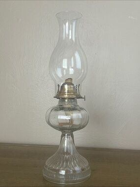 Vintage Uranium Glass Oil Lamp With Brass Banner Burner And Hurricane Lamp.